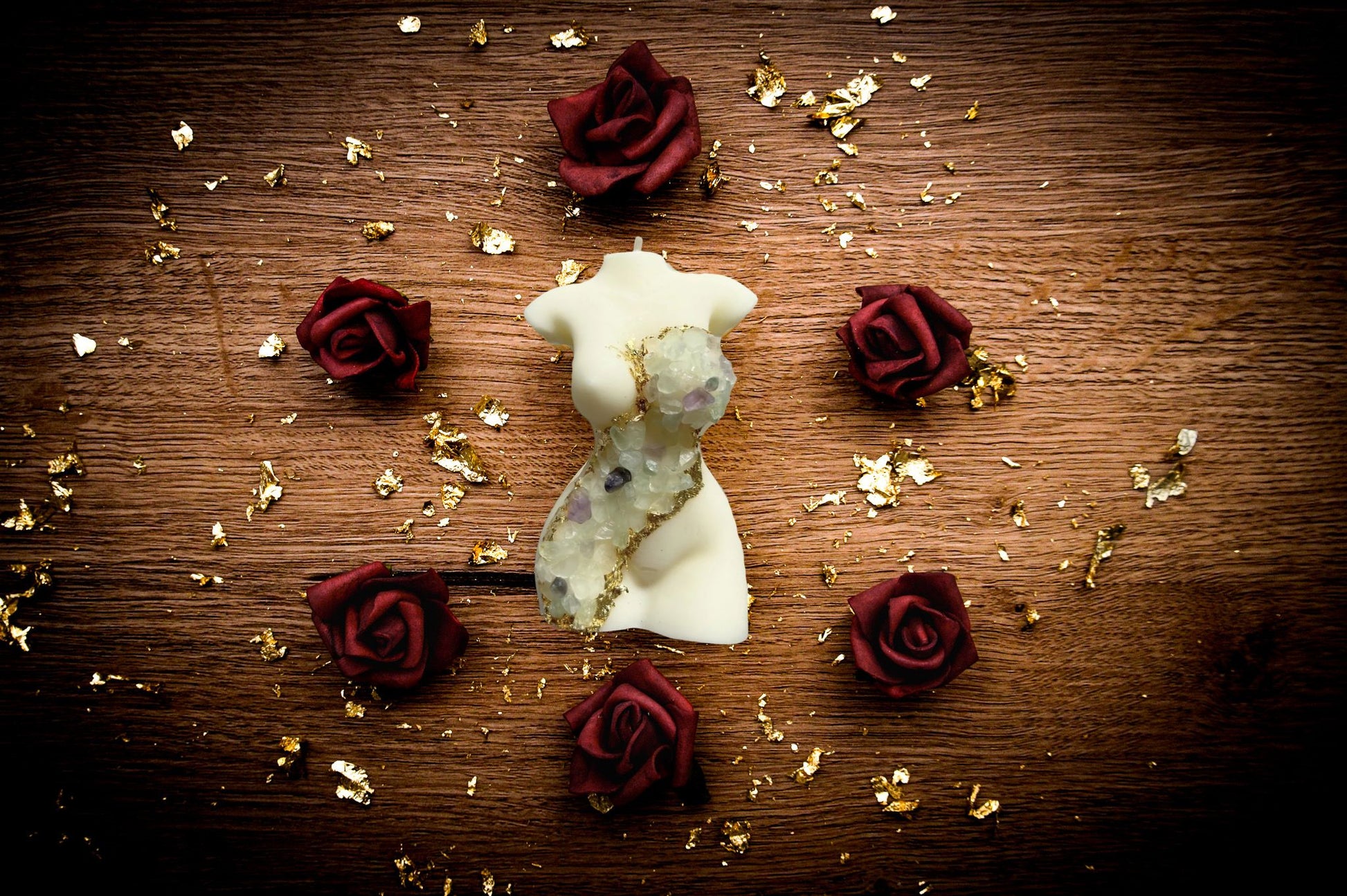 Rainbow Fluorite crystal-infused Venus torso candle, hand-poured for a luxury home spa experience