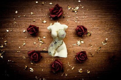 Rainbow Fluorite crystal-infused Venus torso candle, hand-poured for a luxury home spa experience